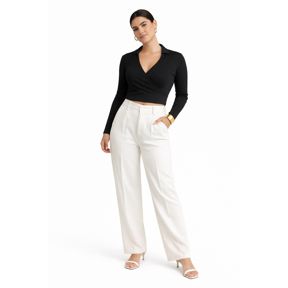 Brave Soul‎ London Black Ribbed Long Sleeve Wrap Crop Top Shirt Womens Size M